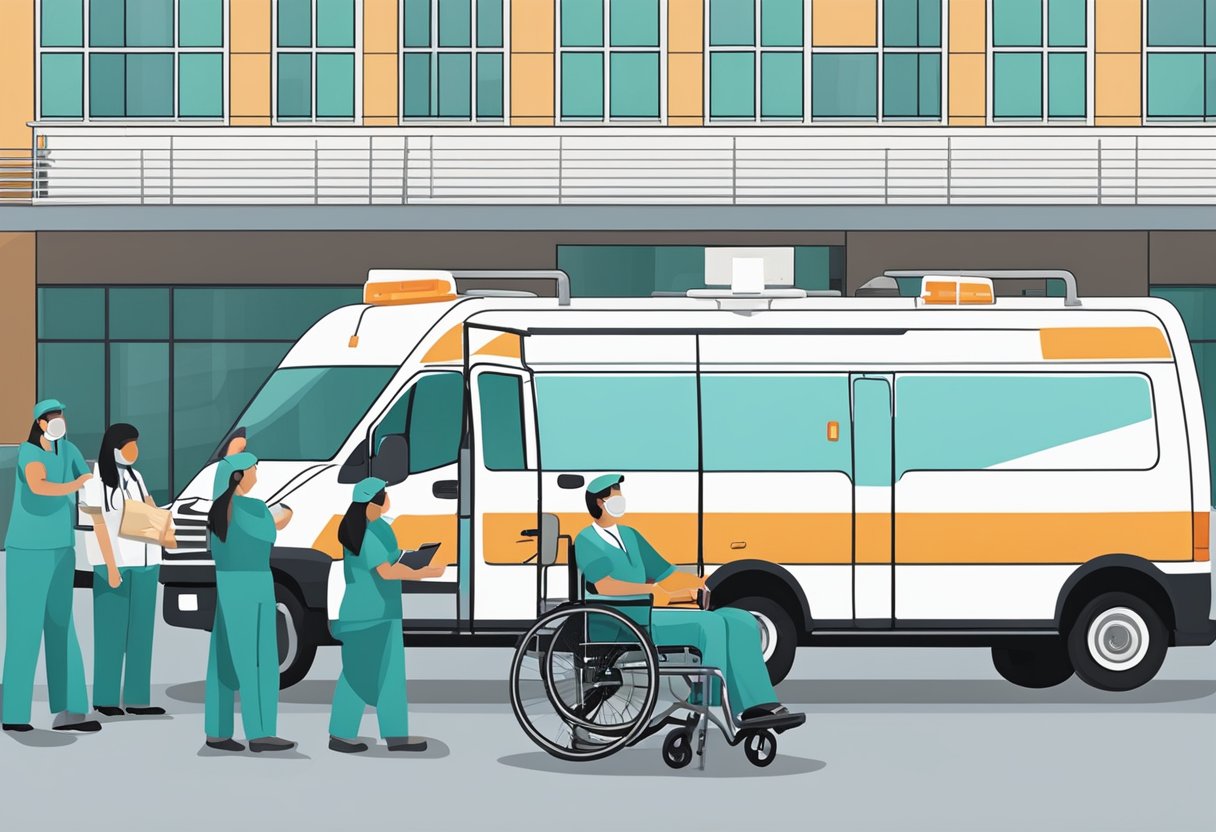 Serviço de Transporte de Pacientes: Benefícios e Melhores Práticas 7 Uma van médica estacionada do lado de fora de um hospital, com uma cadeira de rodas e equipamentos médicos sendo carregados por atendentes.