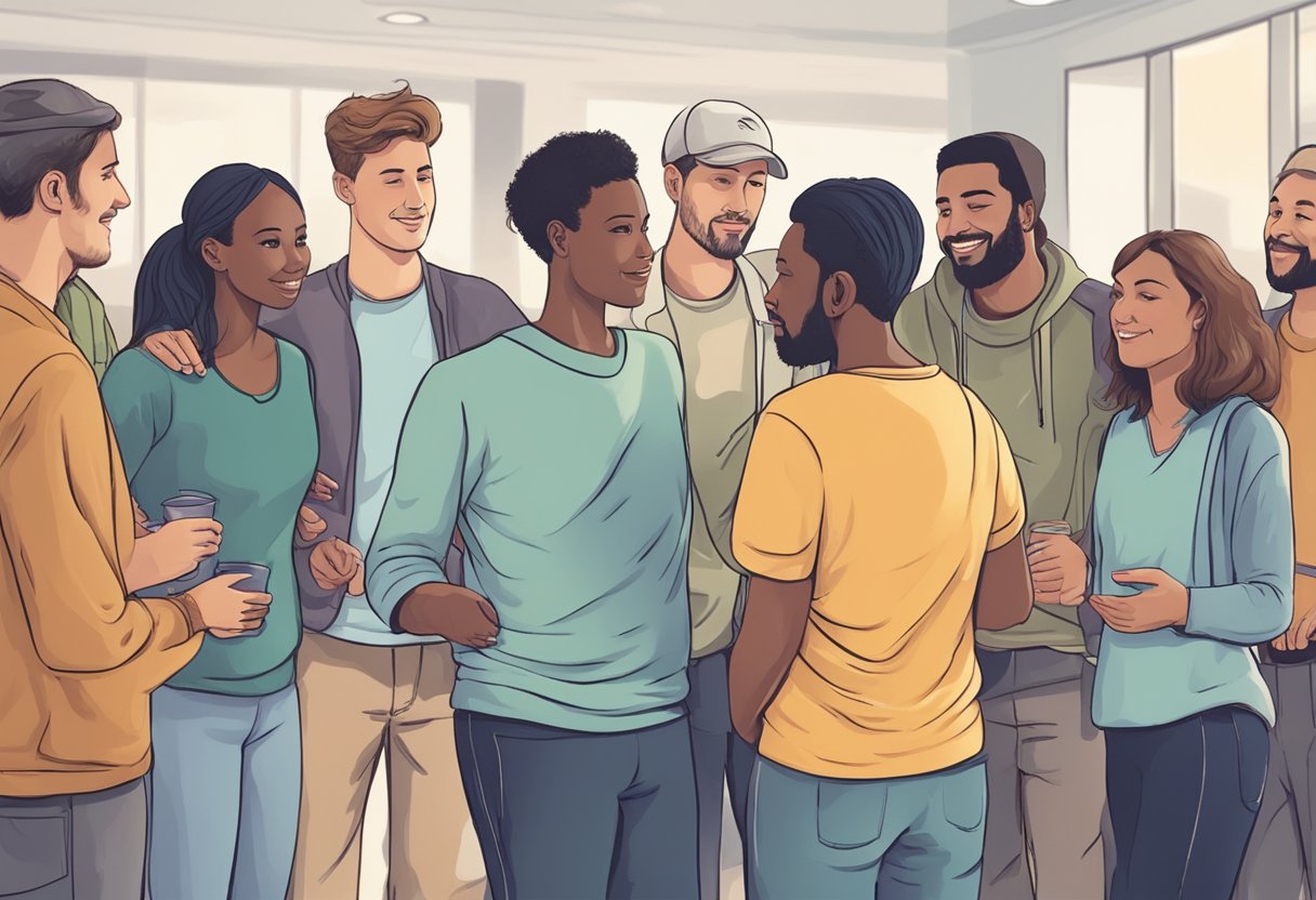 Resgate de Dependentes Químicos: Soluções Eficazes e Apoio Especializado 1 Um grupo de pessoas apoiando e orientando indivíduos em uma jornada de recuperação do abuso de substâncias, oferecendo cuidado e compreensão.