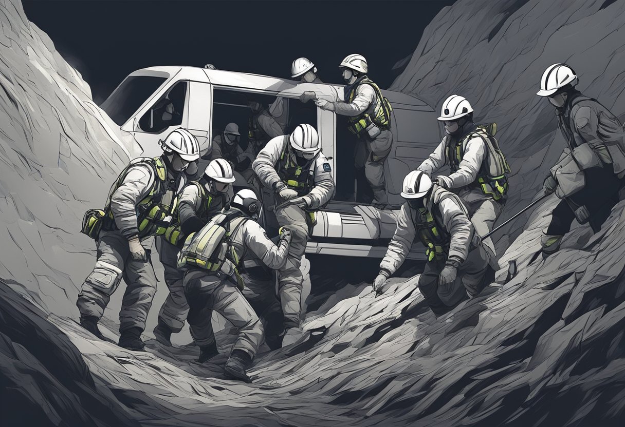 Resgate de Dependentes Químicos: Soluções Eficazes e Apoio Especializado 3 Um grupo de socorristas guiando um indivíduo desorientado para fora de um ambiente escuro e caótico em direção à segurança e apoio