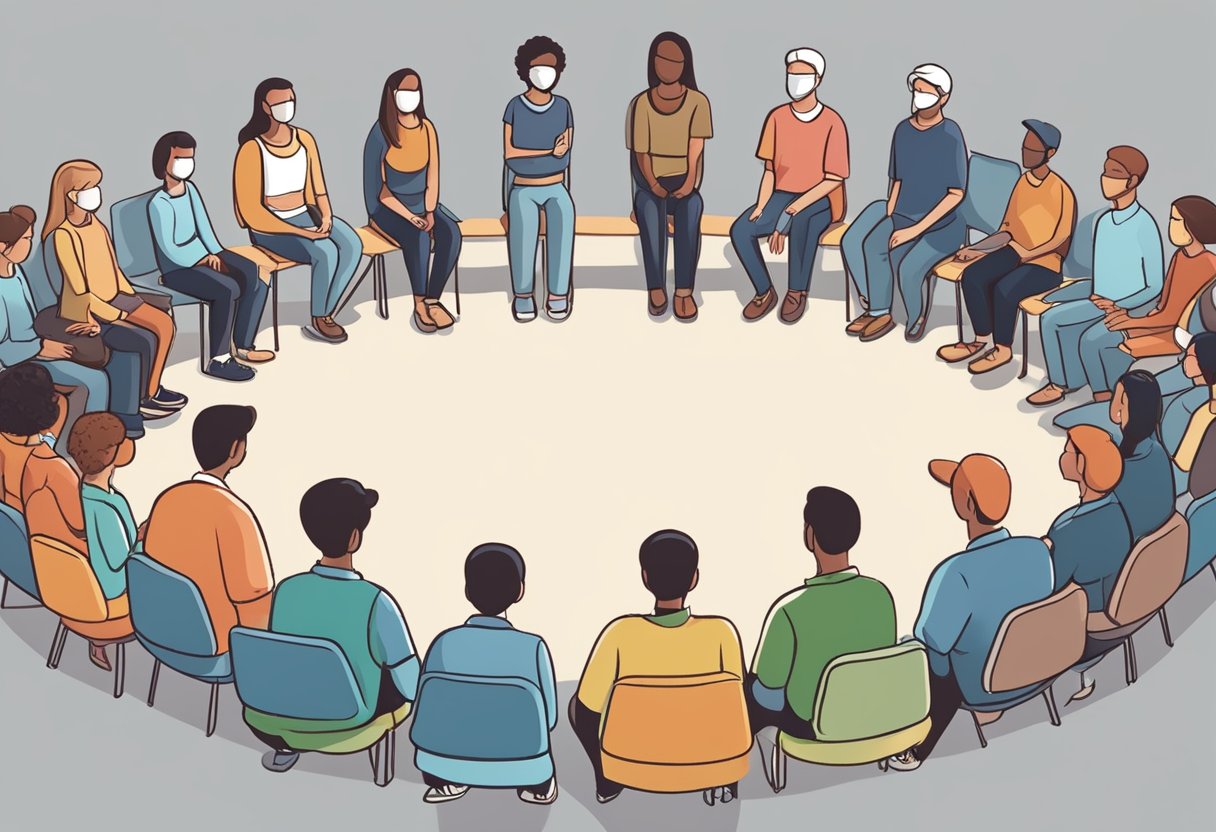 Resgate de Dependentes Químicos: Soluções Eficazes e Apoio Especializado 4 Um grupo de pessoas se reúne em círculo, de mãos dadas, enquanto um conselheiro fala sobre direitos e legalidade no contexto do resgate de dependentes químicos.