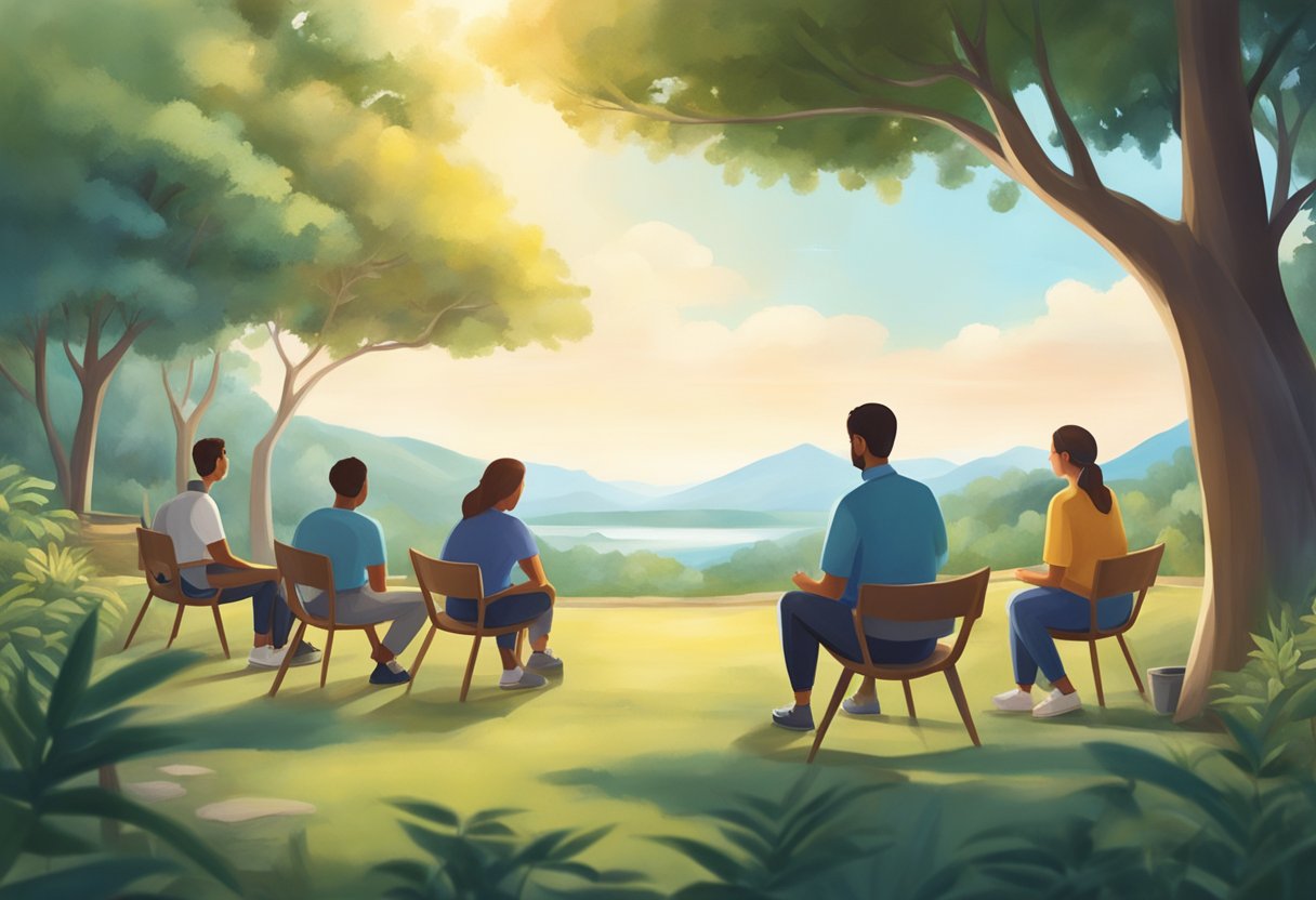 Resgate de Dependentes Químicos: Soluções Eficazes e Apoio Especializado 6 Um cenário sereno com um grupo de indivíduos envolvidos em atividades de terapia e apoio, cercados pela natureza e um ambiente pacífico.