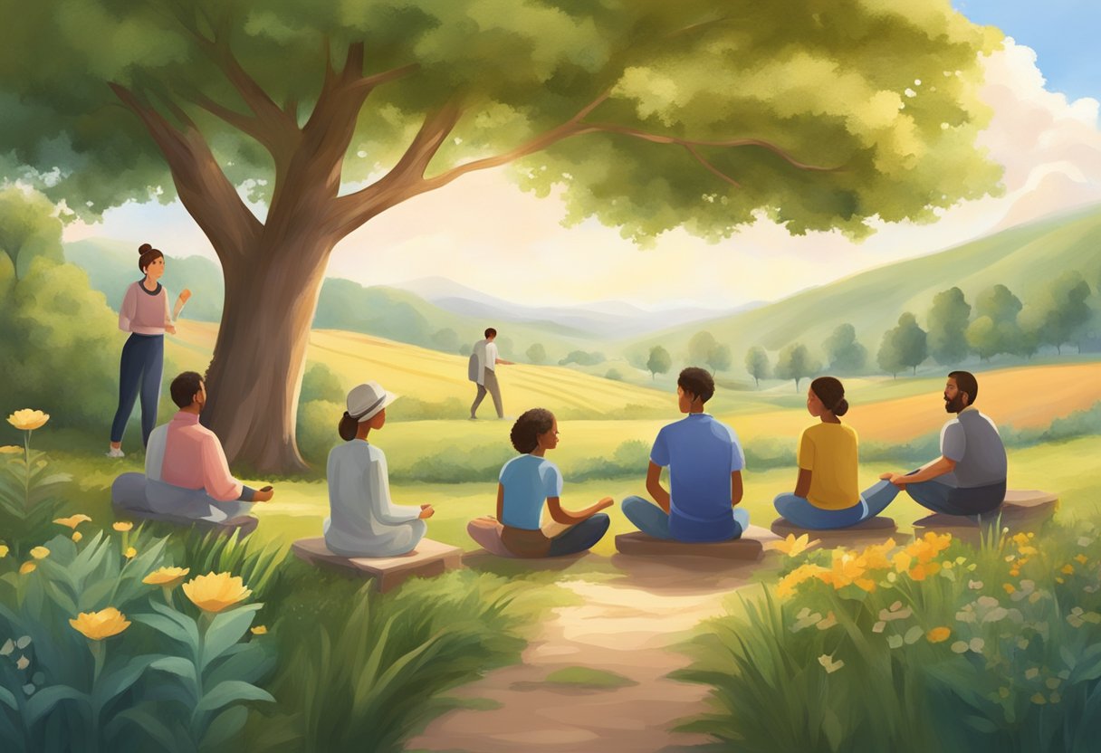 Resgate de Dependentes Químicos: Soluções Eficazes e Apoio Especializado 7 Um cenário sereno de campo com um grupo de indivíduos envolvidos em atividades terapêuticas, cercados pela natureza e por uma sensação de paz e cura.