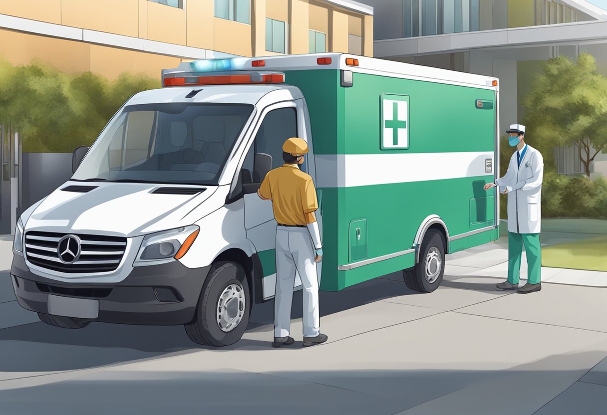 Um veículo de transporte de pacientes particular estacionado em frente a uma instalação médica, com um motorista ajudando um paciente a entrar no veículo.