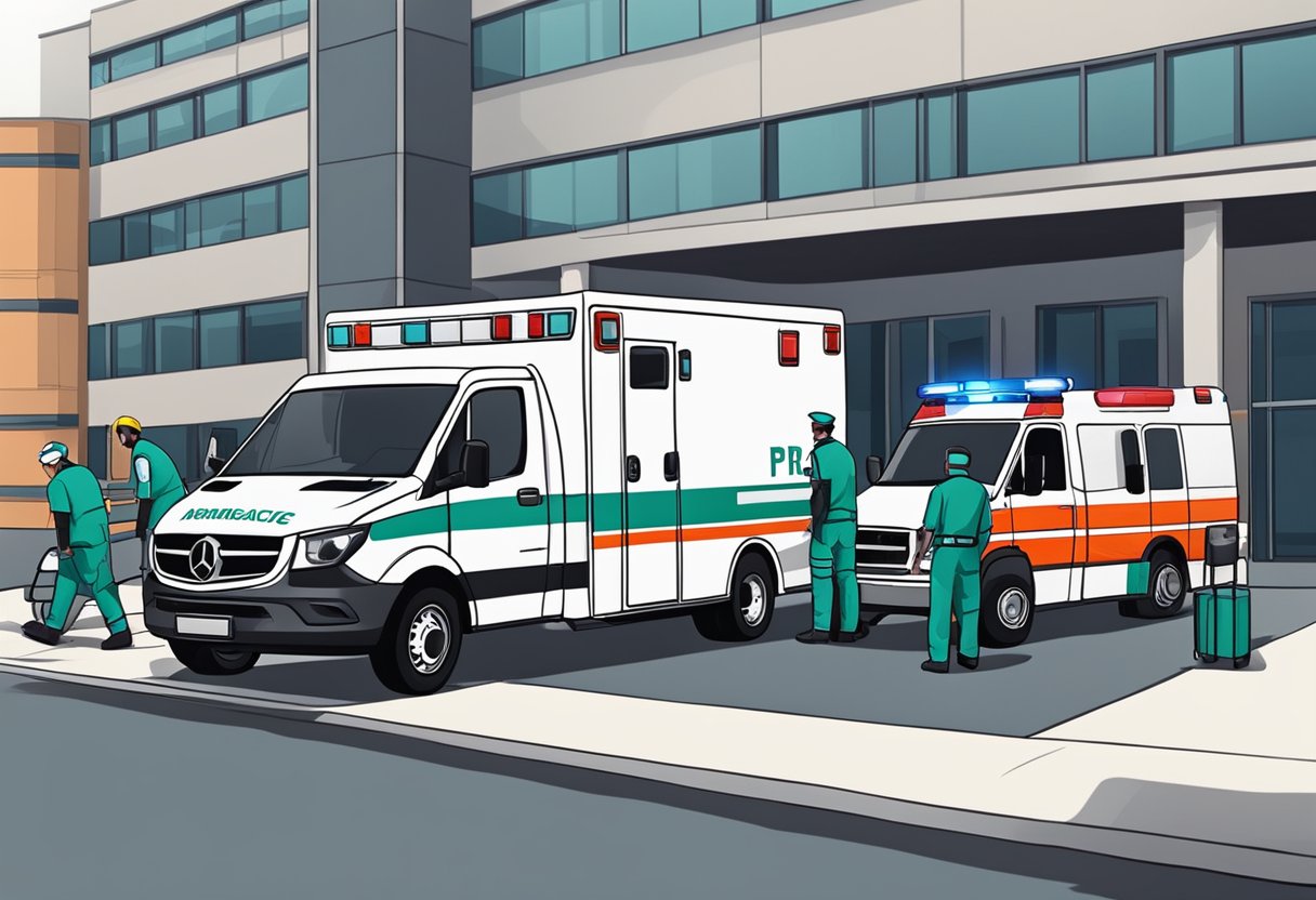 Uma ambulância particular estacionada do lado de fora de um hospital, com paramédicos descarregando uma maca e se preparando para transportar um paciente.