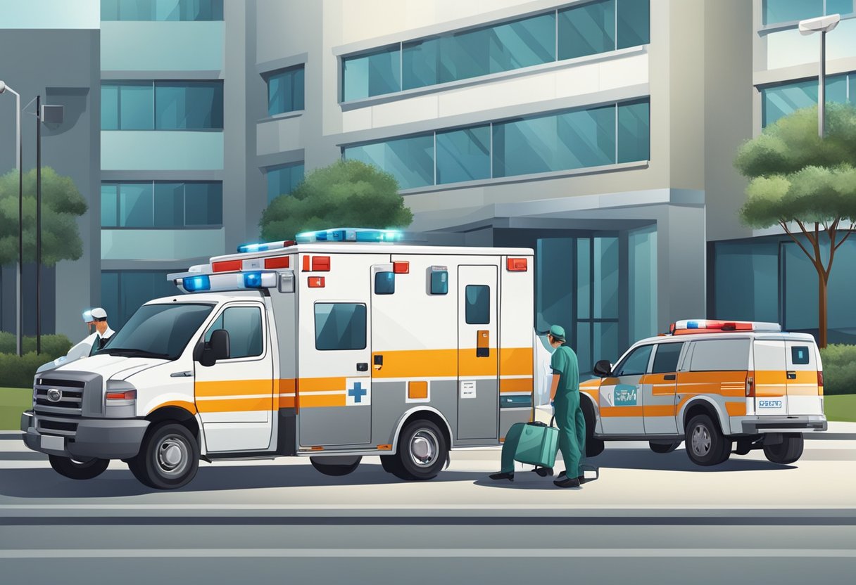 Uma ambulância particular estacionada em frente a um hospital, com paramédicos descarregando equipamentos médicos e se preparando para transportar um paciente.