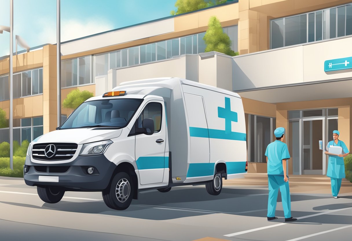 Um veículo de transporte privado com símbolos médicos na lateral, estacionado em frente a um hospital, enquanto um motorista ajuda um paciente a entrar no veículo.