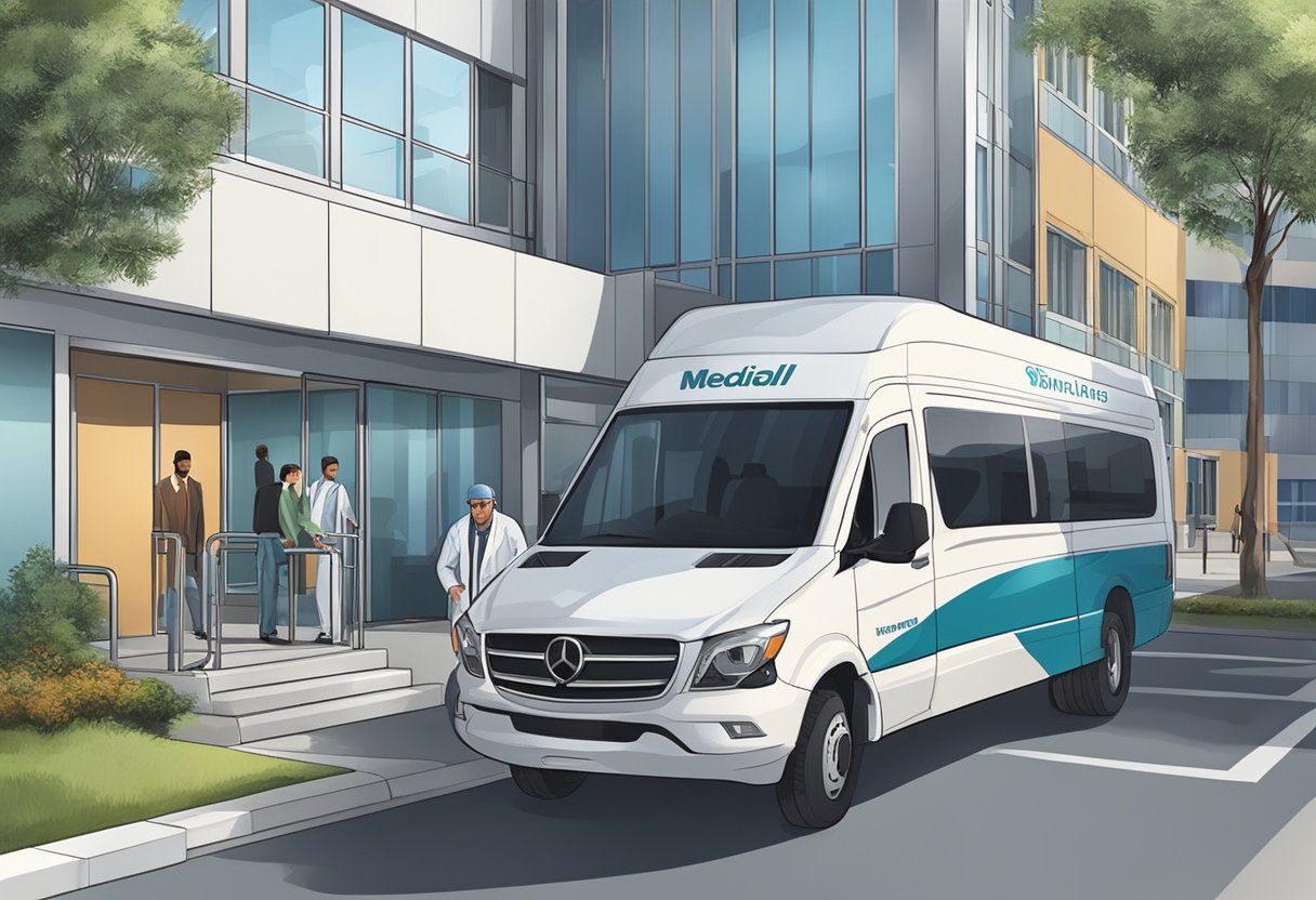 Um veículo de transporte médico privado estacionado em frente a um hospital, com um motorista ajudando um paciente a entrar no veículo.