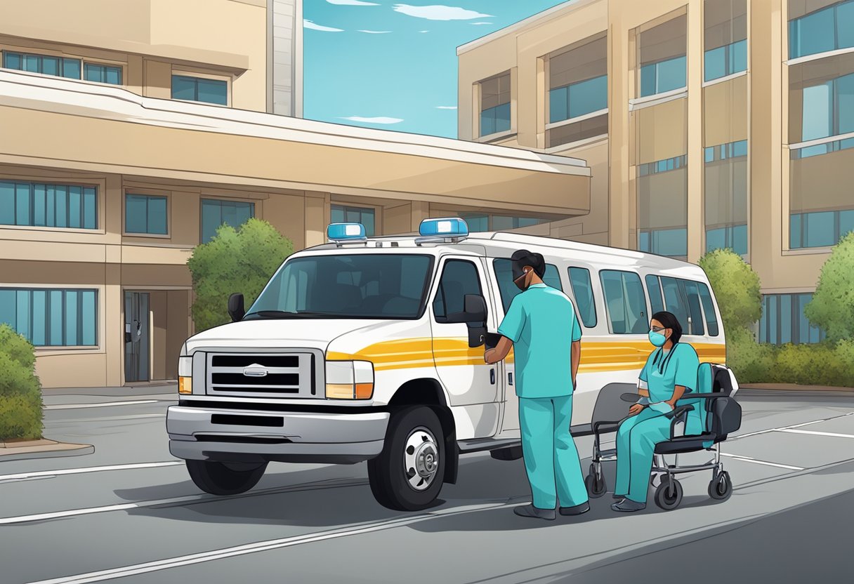 Um veículo de transporte de pacientes particular estacionado do lado de fora de um hospital, com um profissional de saúde ajudando um paciente a entrar no veículo.