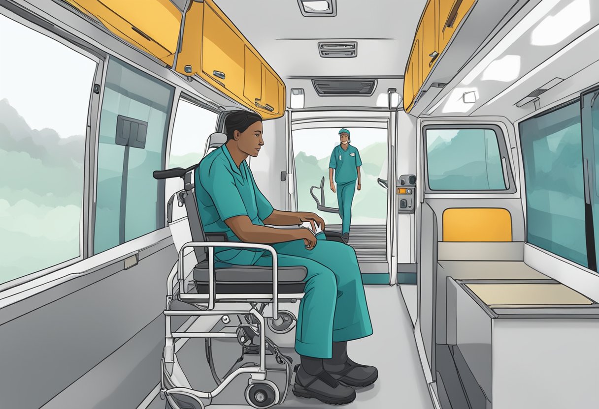 Empresas de Transporte de Pacientes: Soluções Essenciais para o Setor de Saúde 1 Um paciente sendo transportado com segurança em uma ambulância, com um profissional de saúde prestando cuidados atentos durante a viagem.