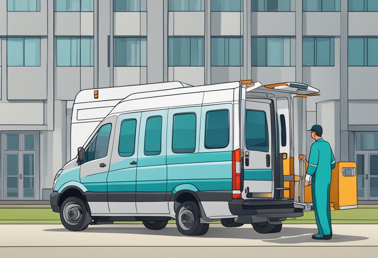 Empresas de Transporte de Pacientes: Soluções Essenciais para o Setor de Saúde 2 Uma van de transporte médico estacionada do lado de fora de um hospital, com uma maca sendo carregada por dois atendentes.