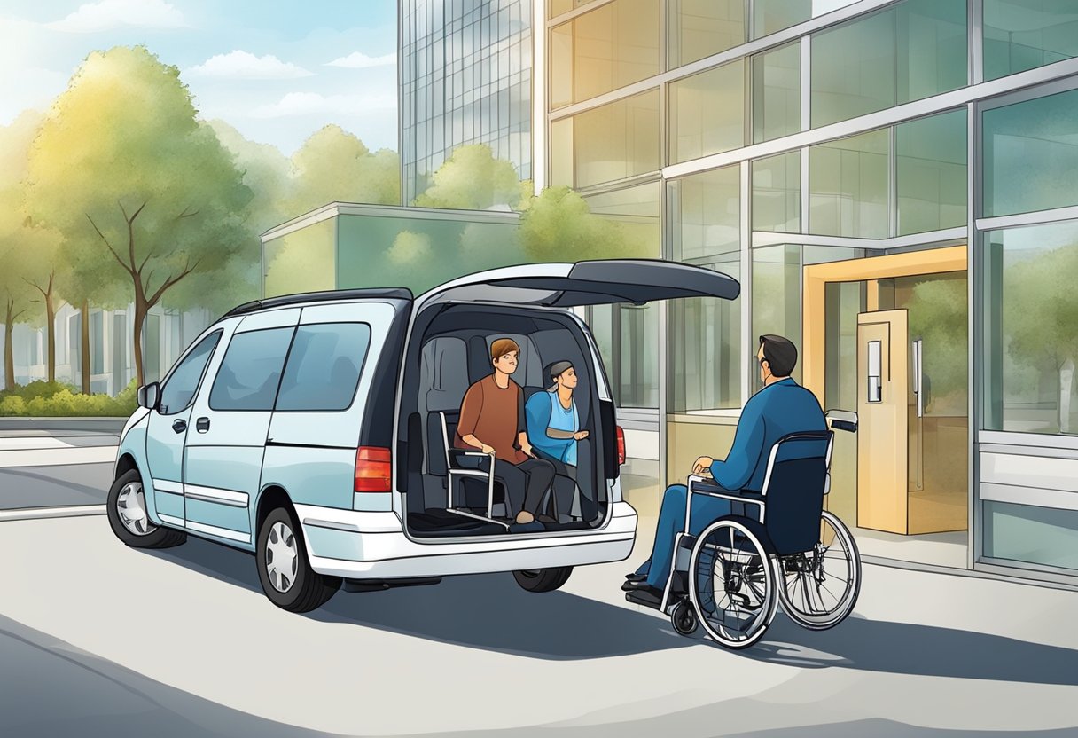 Empresas de Transporte de Pacientes: Soluções Essenciais para o Setor de Saúde 3 Um serviço de transporte personalizado para pacientes, com um motorista ajudando uma pessoa em cadeira de rodas a entrar em um veículo equipado com um elevador.