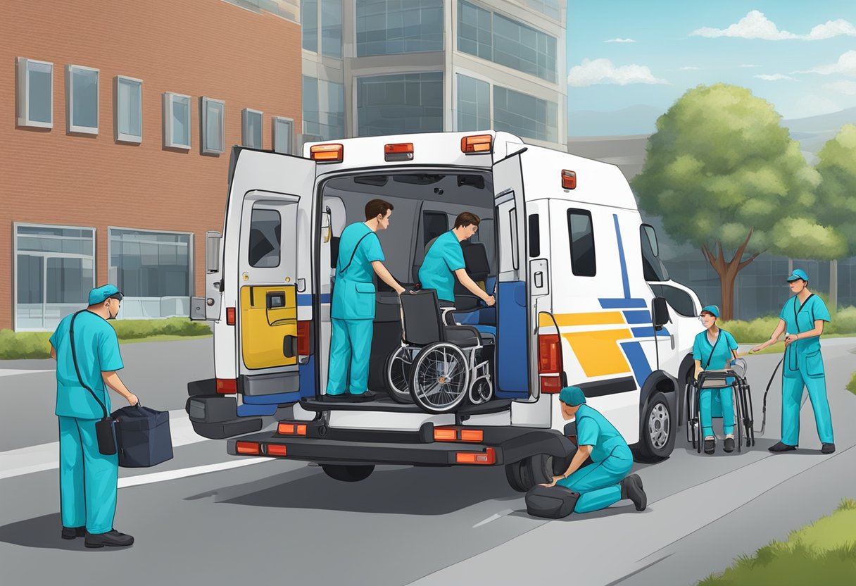 Empresas de Transporte de Pacientes: Soluções Essenciais para o Setor de Saúde 4 Uma equipe de profissionais de transporte médico carregando um paciente em um veículo especialmente equipado