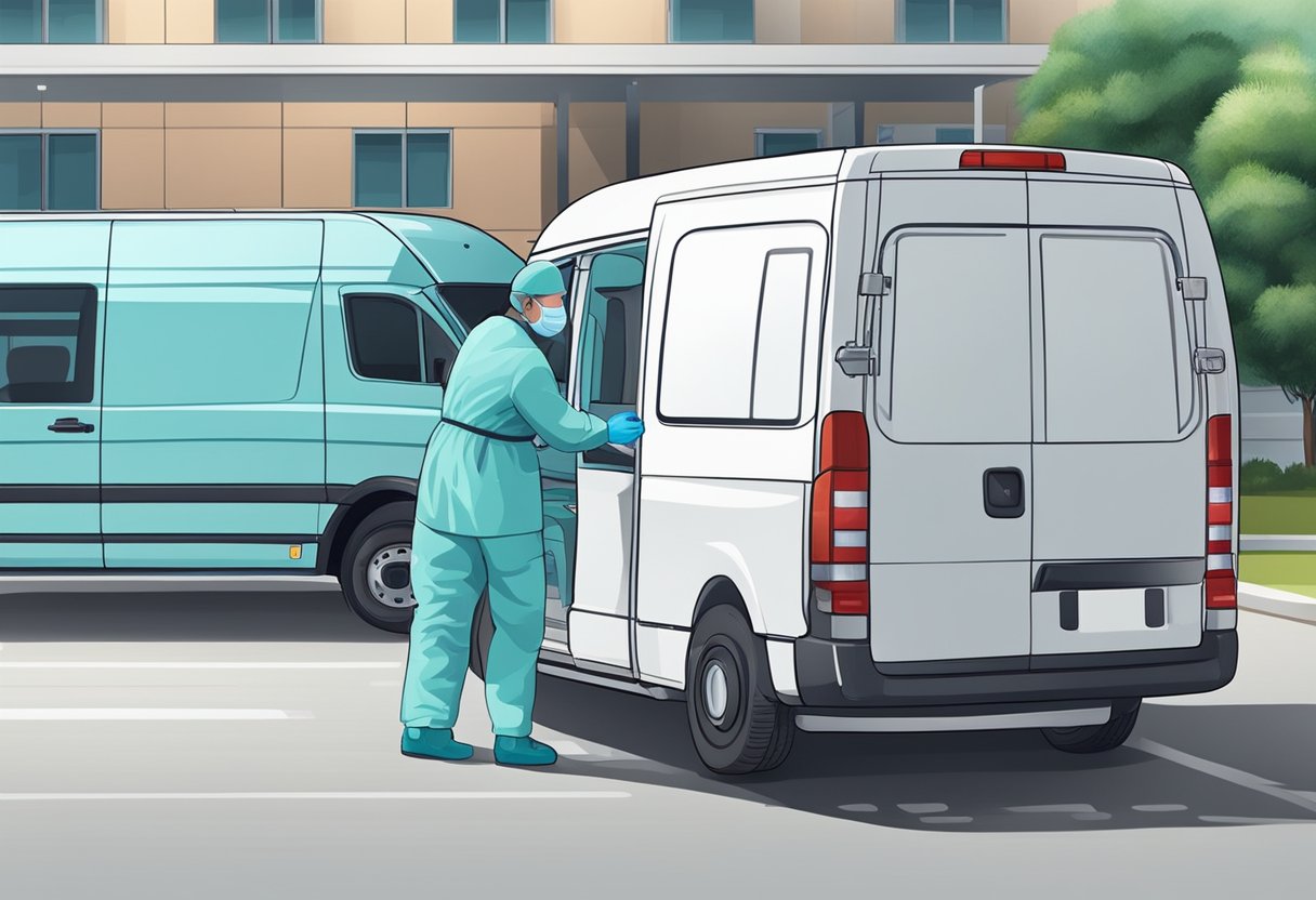 Empresas de Transporte de Pacientes: Soluções Essenciais para o Setor de Saúde 5 Uma van de transporte médico estacionada do lado de fora de um hospital, com um motorista usando máscara facial e luvas enquanto desinfeta o veículo.