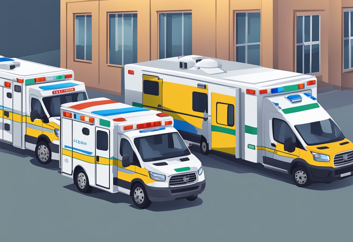 Empresas de Transporte de Pacientes: Soluções Essenciais para o Setor de Saúde 6 Uma fila de ambulâncias e veículos de transporte médico esperando do lado de fora de um local de evento, prontos para transferir pacientes