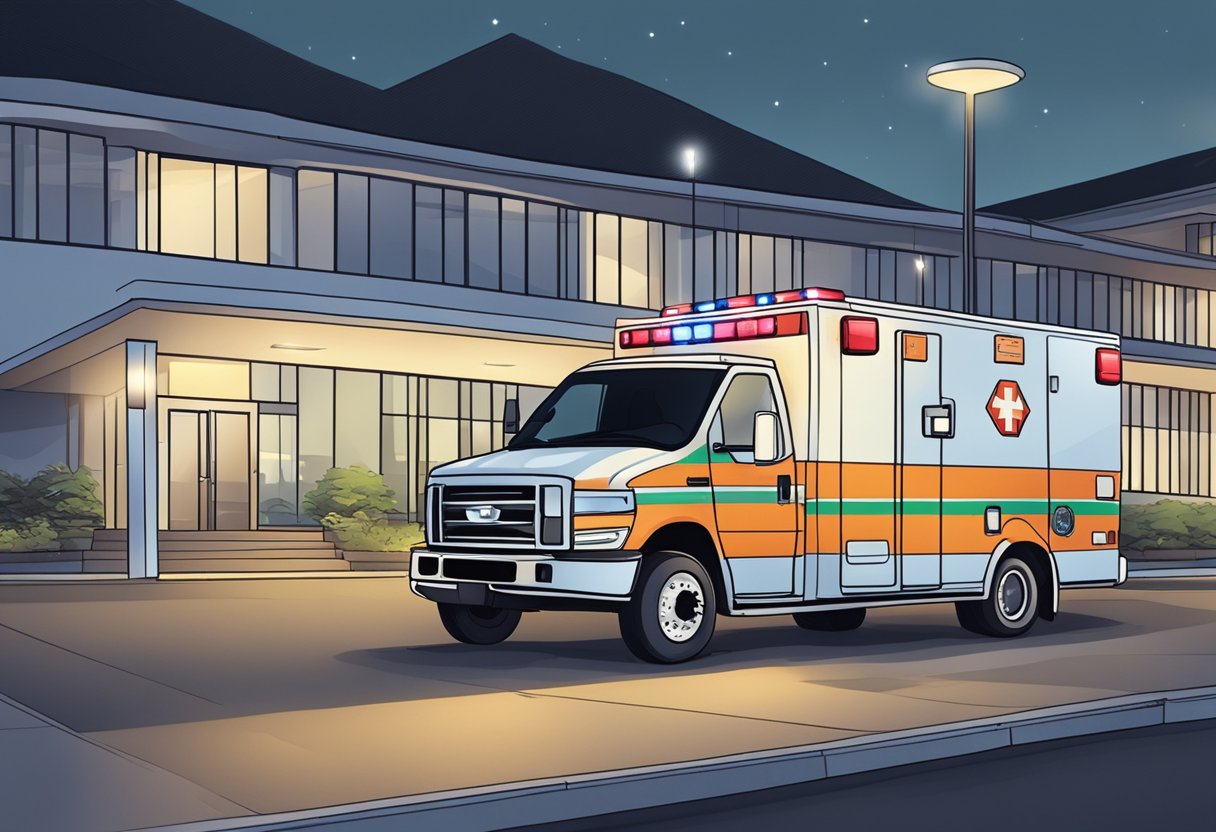 Uma ambulância estacionada do lado de fora de um hospital, com suas luzes piscando e um paramédico parado perto.