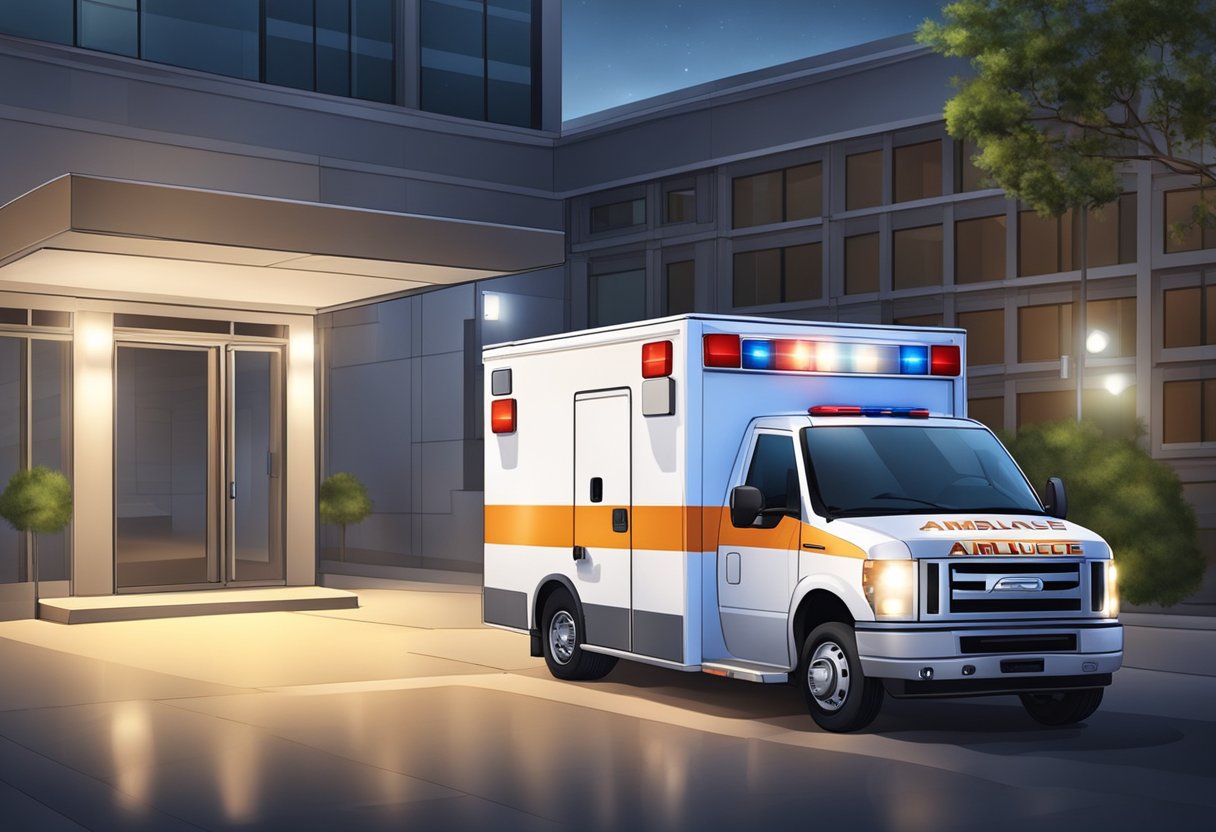 Uma ambulância estacionada do lado de fora de um prédio, com as luzes piscando e as portas traseiras abertas, pronta para fornecer serviços médicos privados.