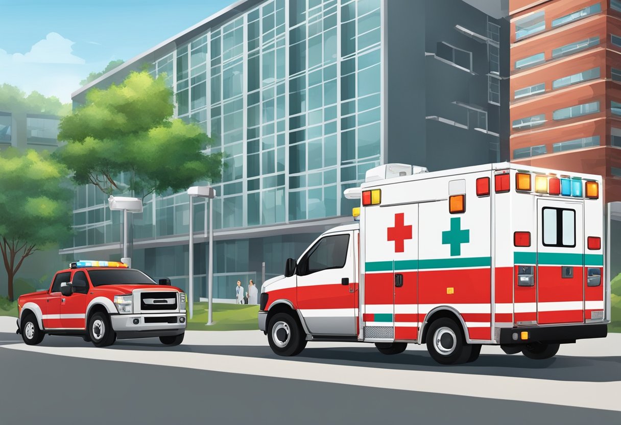 Uma ambulância vermelha brilhante estacionou do lado de fora de um hospital, com suas luzes piscando e os paramédicos descarregando equipamentos médicos.