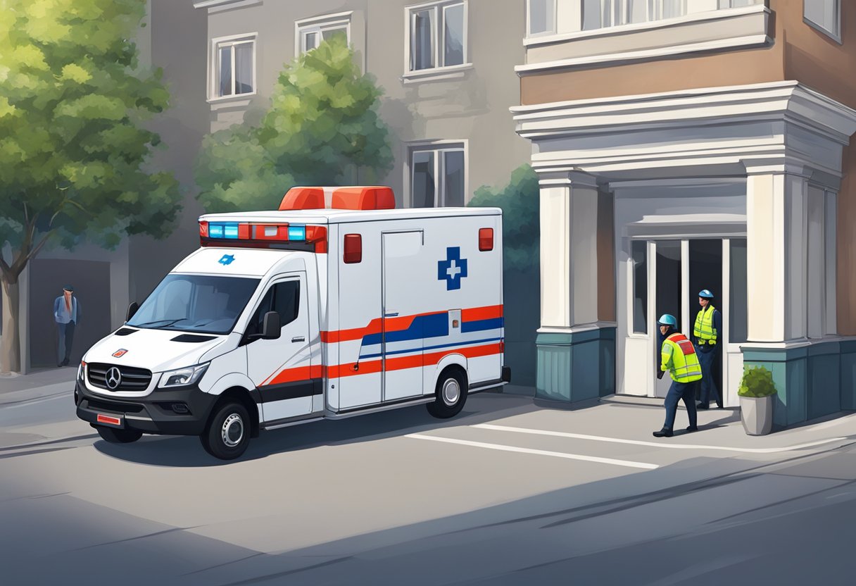 Uma ambulância particular estacionada do lado de fora de um prédio, com paramédicos carregando uma maca em direção à entrada.