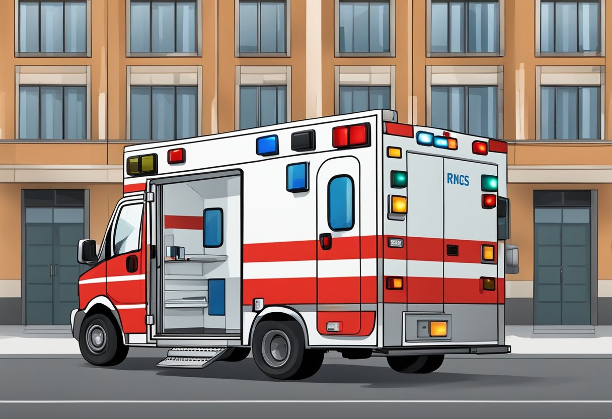 Uma ambulância estacionada do lado de fora de um prédio, com as luzes piscando e as portas traseiras abertas, pronta para fornecer assistência médica.