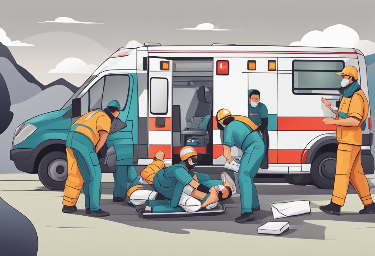 Uma pessoa chamando uma ambulância enquanto realiza procedimentos de primeiros socorros