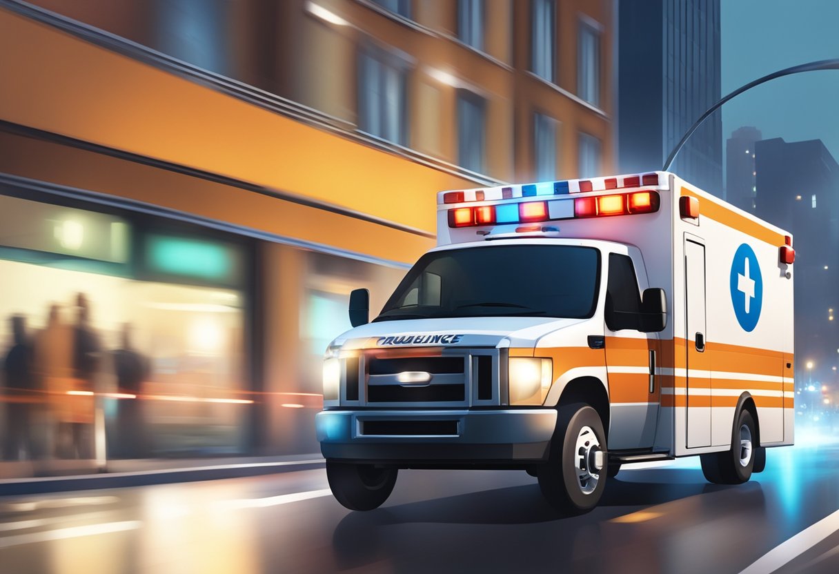 Uma ambulância correndo por uma rua da cidade, com luzes piscando e sirene soando, com prédios e carros ao fundo.