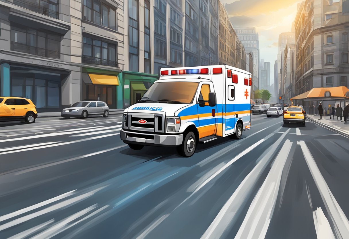 Uma ambulância com luzes piscando e sirenes apitando passa apressadamente por uma rua da cidade, passando por edifícios e outros veículos.