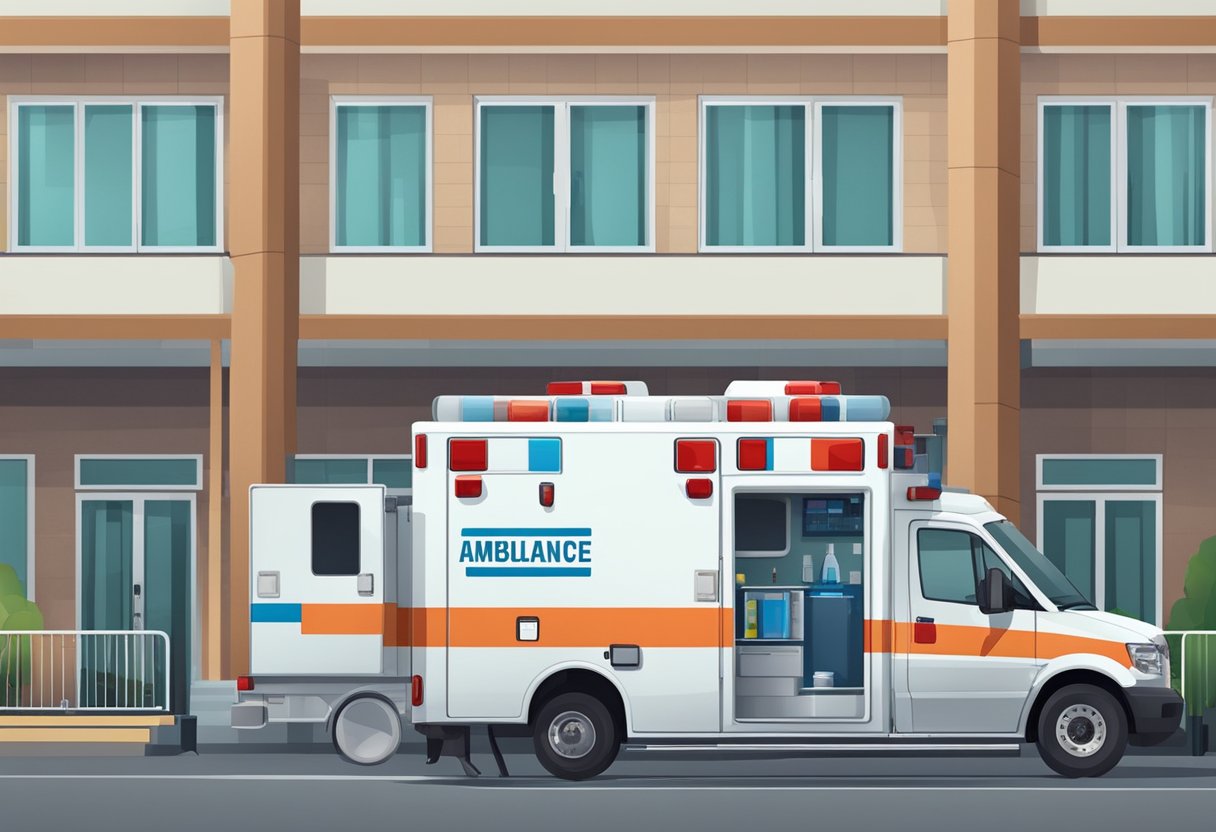 Uma ambulância com equipamentos e suprimentos médicos estacionada em frente a um hospital