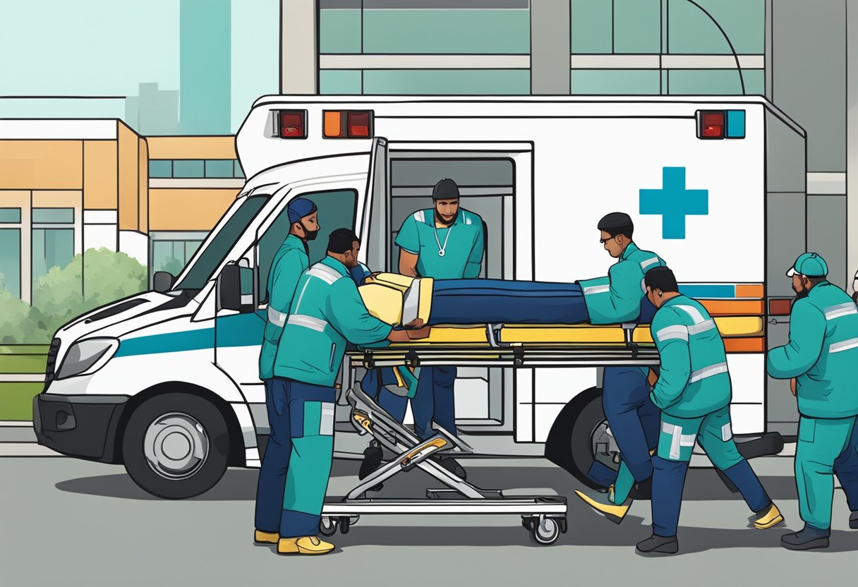 Uma equipe médica carregando um paciente em uma ambulância para transferência