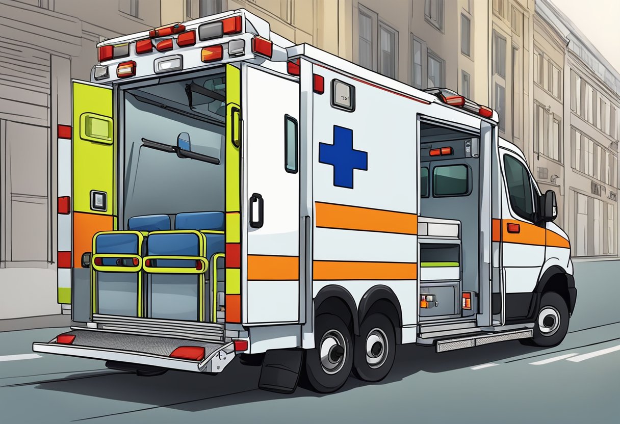 Uma ambulância com luzes piscando e uma maca sendo carregada na parte de trás