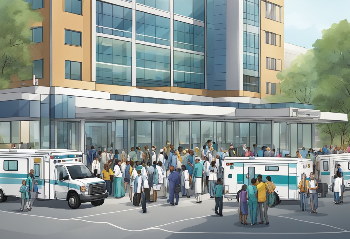 Uma entrada de hospital movimentada com ambulâncias esperando para transportar pacientes, famílias reunidas e funcionários prestando assistência.