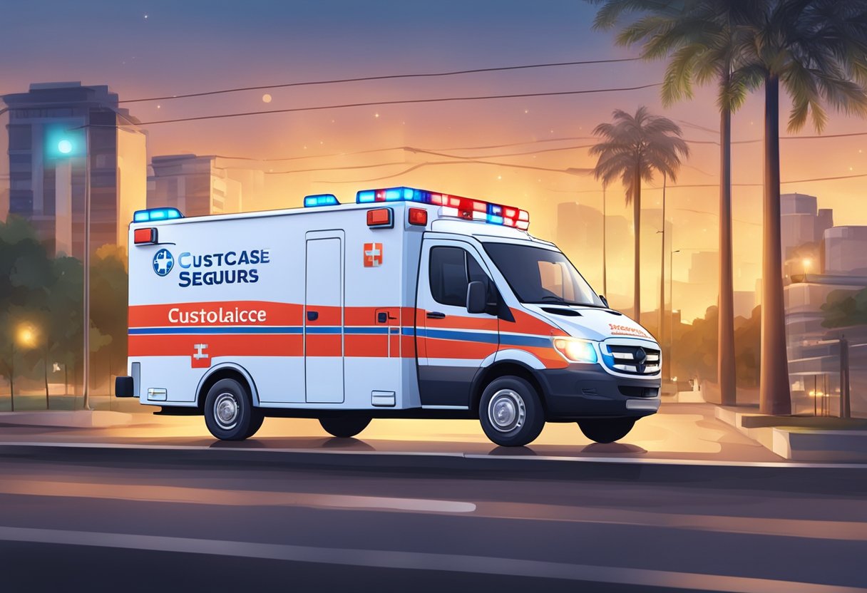 Uma ambulância com luzes piscando e o logo da "Custos e Seguros" na lateral, transportando um paciente.