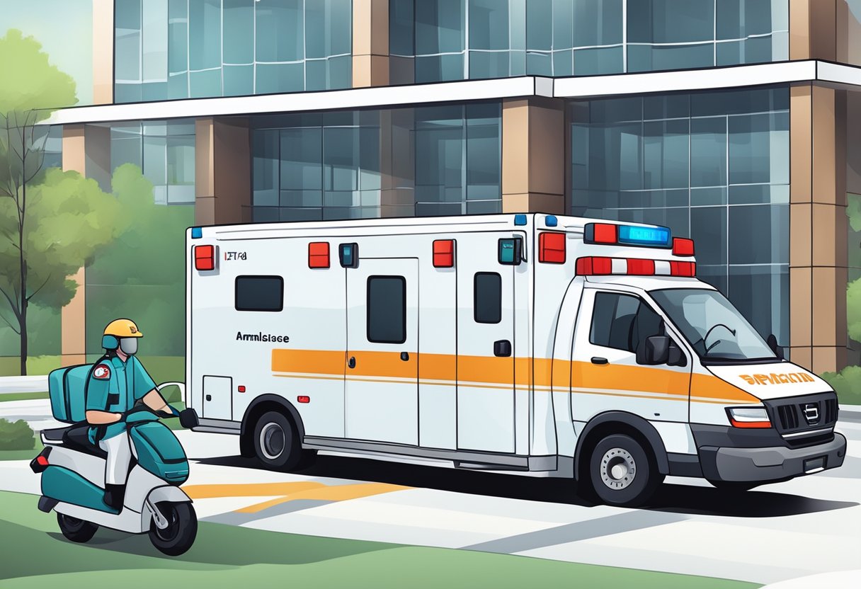 Uma ambulância estacionada do lado de fora de um hospital, com paramédicos colocando uma maca dentro do veículo.