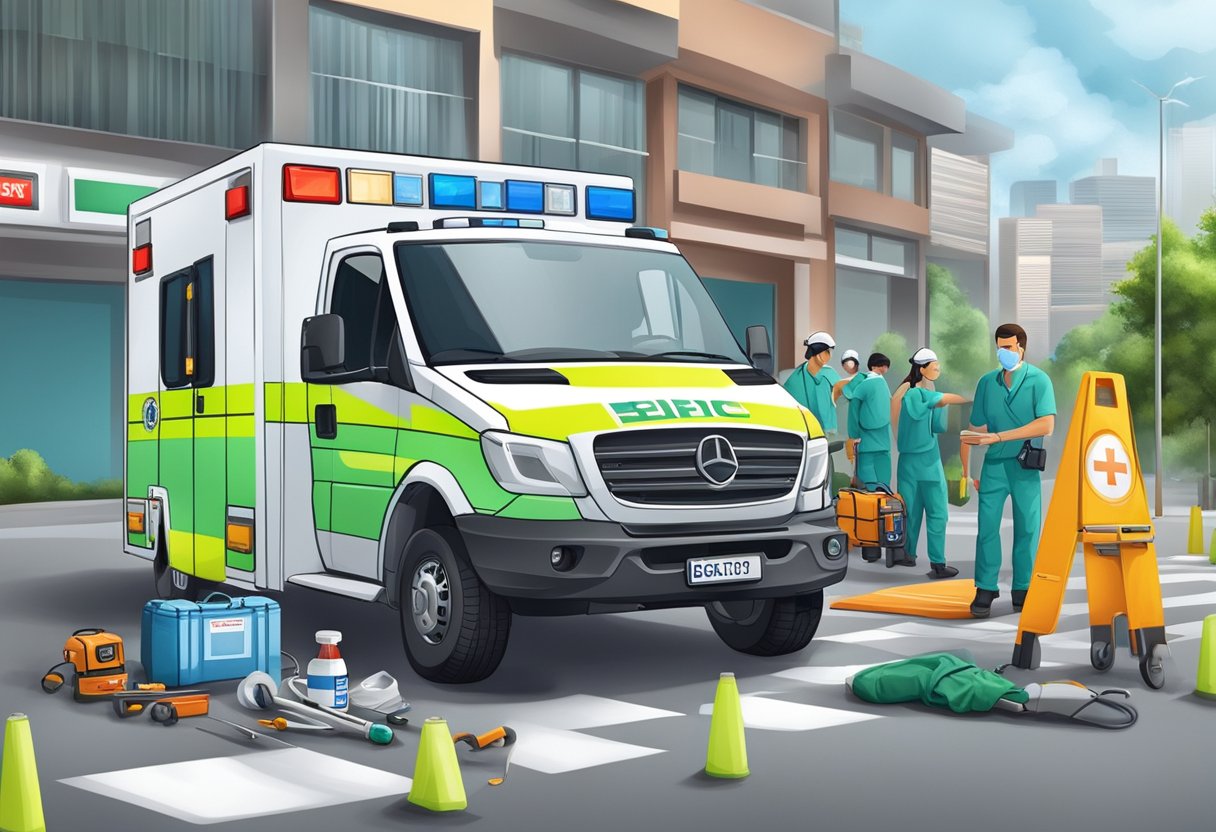 Uma cena de emergência médica em Curitiba com ambulância, equipamentos médicos e recursos de primeiros socorros