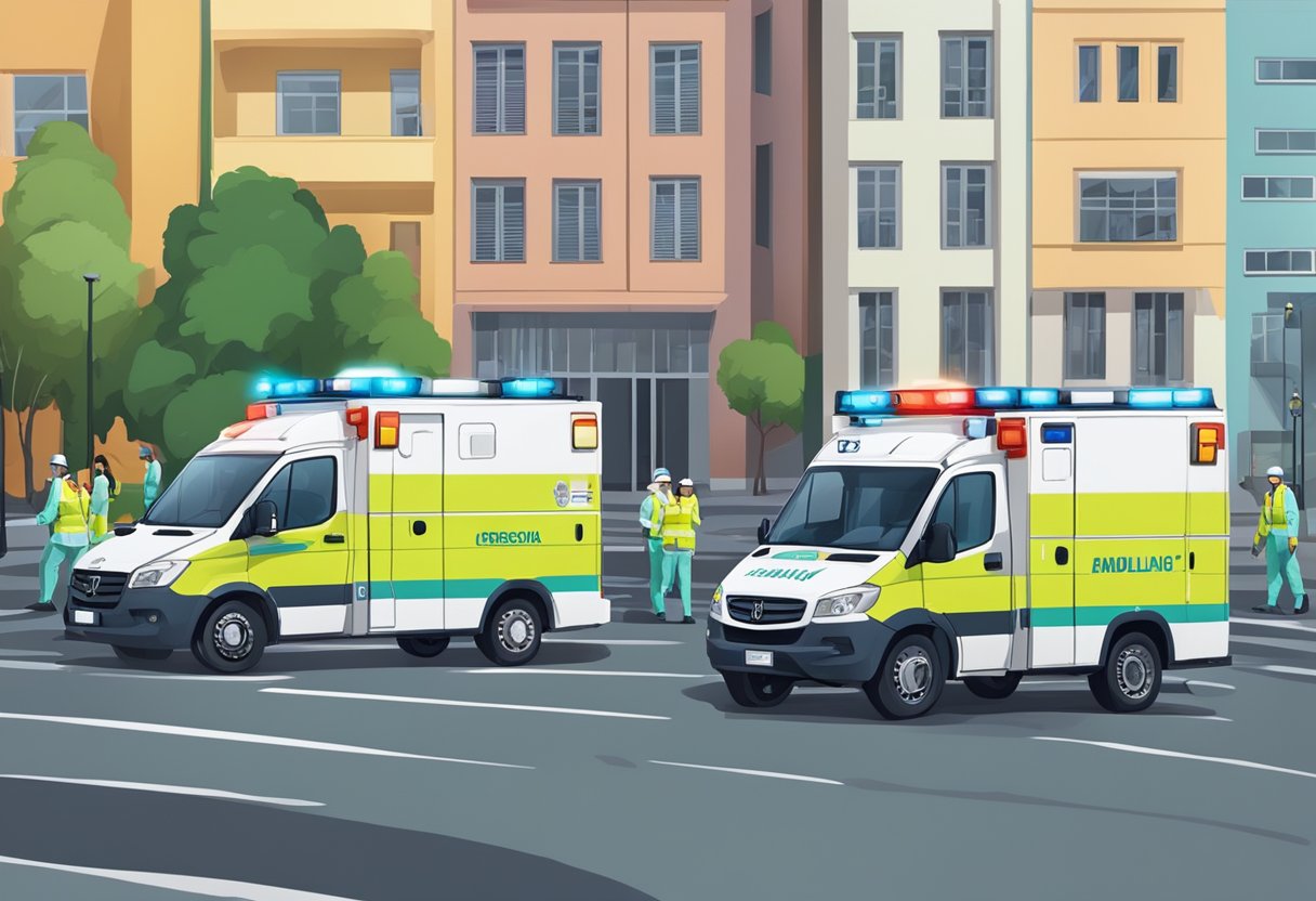 Uma equipe médica responde a uma emergência em Curitiba, com ambulâncias e pessoal prestando assistência em um ambiente urbano.