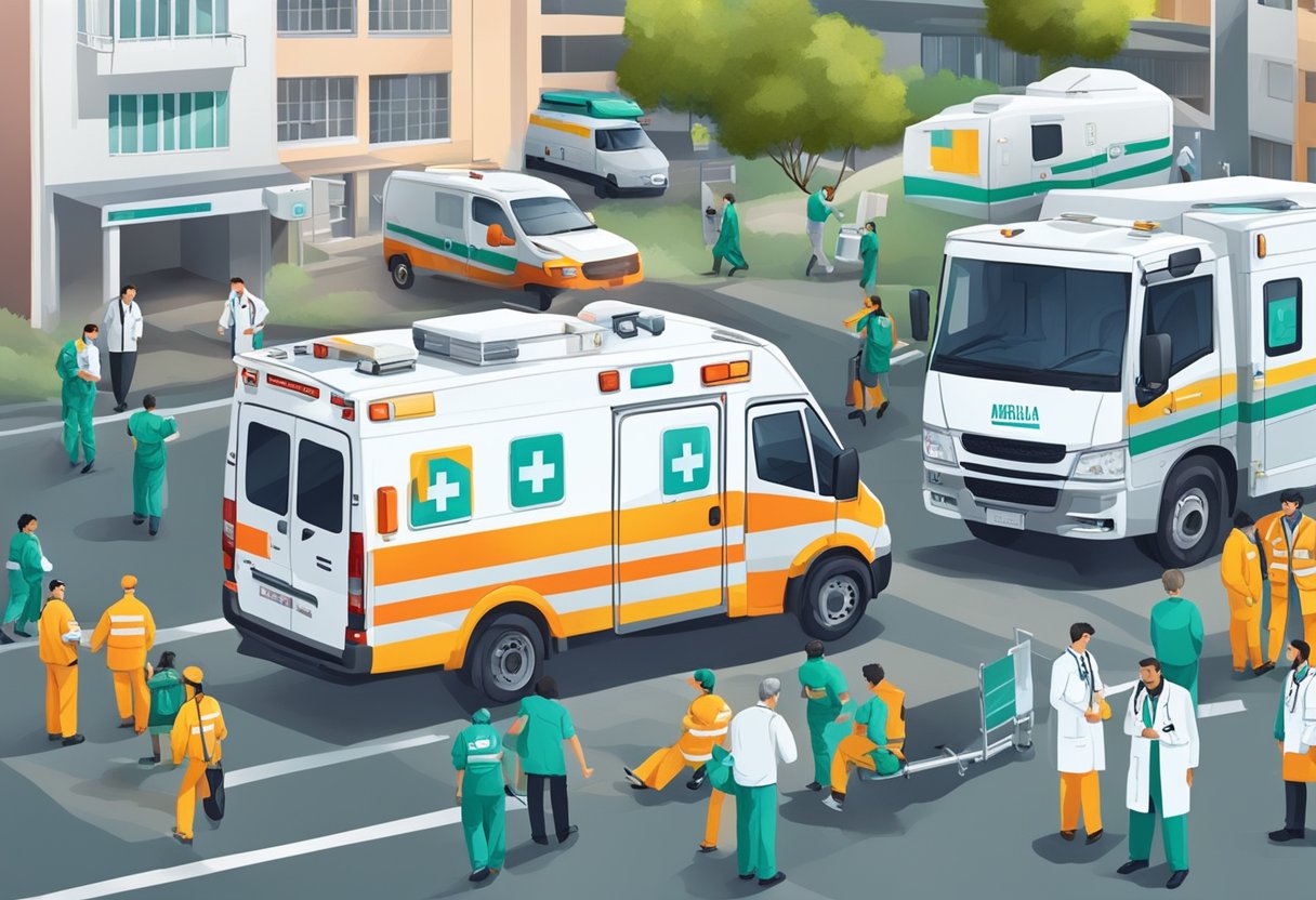 Uma equipe médica em Curitiba respondendo a uma emergência de paciente, com ambulâncias e equipamentos médicos em espera para a segurança do paciente.