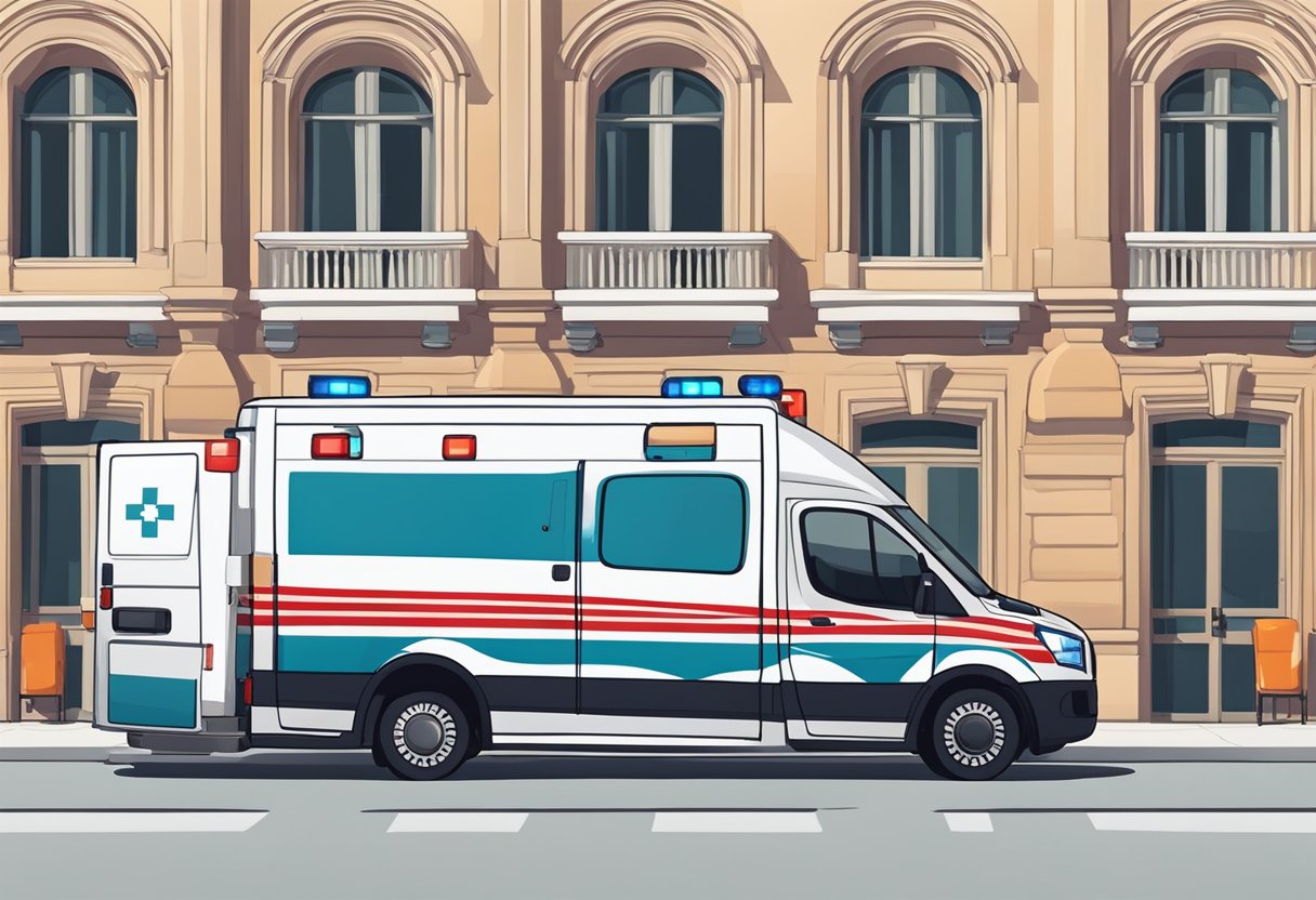 Uma ambulância particular com luzes vermelhas e brancas piscando estacionou do lado de fora de um prédio, com um paramédico carregando uma maca em direção ao veículo.