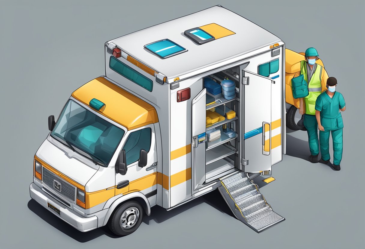 Uma ambulância particular sendo carregada com equipamentos de segurança e suprimentos médicos