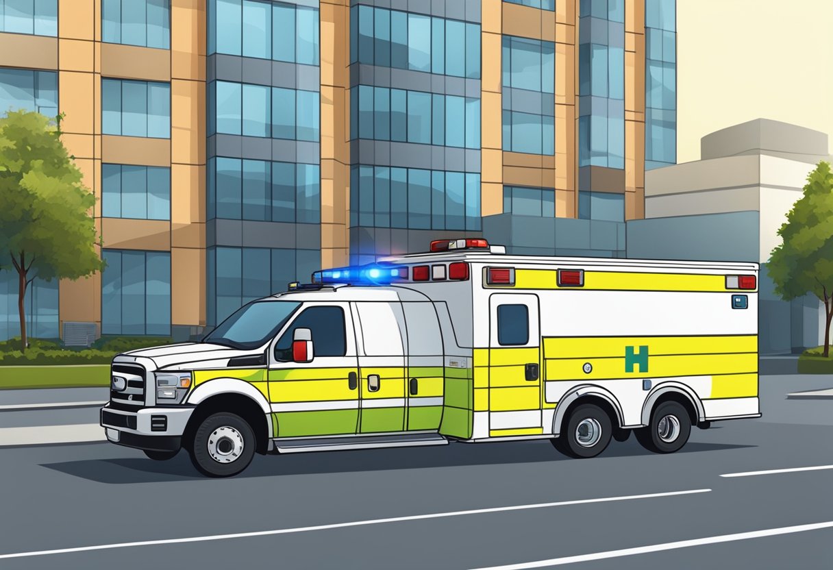 Uma ambulância particular estacionada do lado de fora de um hospital, com as luzes de emergência piscando e os paramédicos se preparando para transportar um paciente.