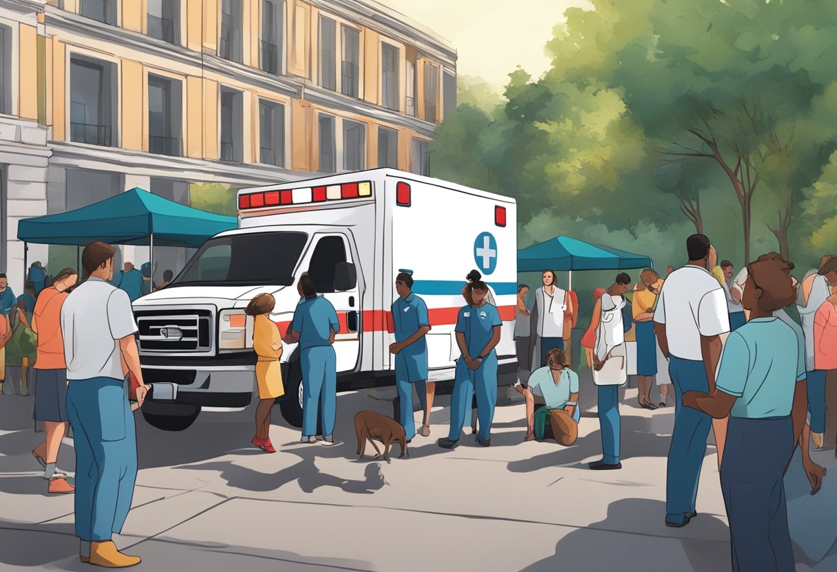 Um grupo de pessoas em um evento ao ar livre, com uma ambulância claramente marcada estacionada nas proximidades e profissionais de saúde atendendo a um paciente.