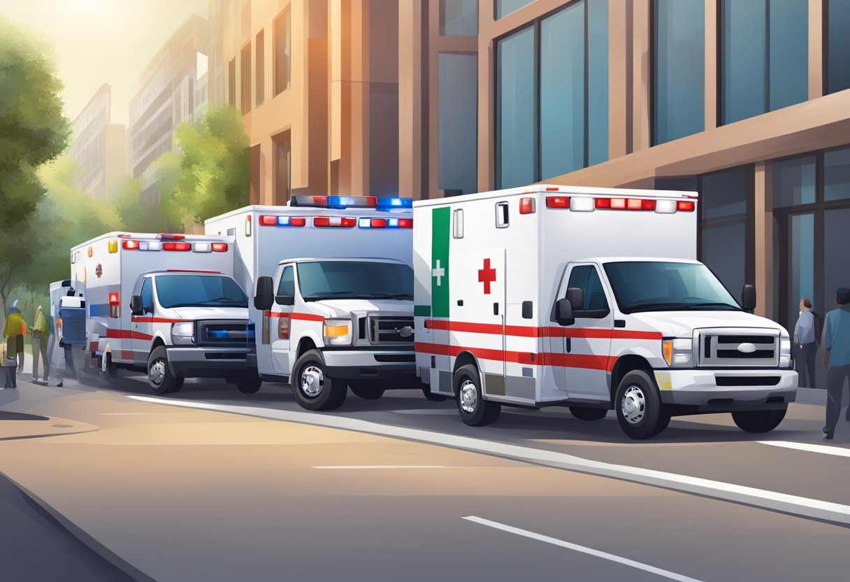 Uma variedade de ambulâncias e equipes especializadas estão de prontidão em um evento, prontas para fornecer assistência médica se necessário.