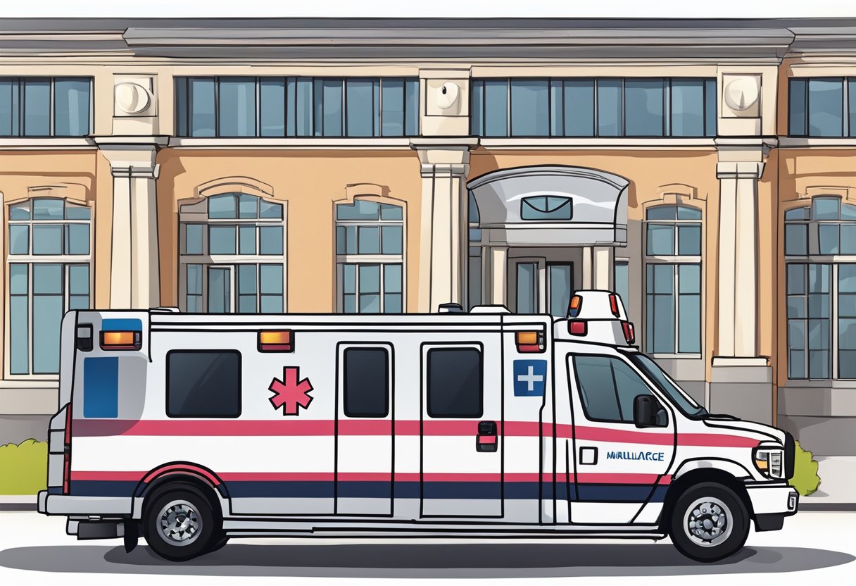 Uma ambulância estacionada do lado de fora de um local de evento específico, com suas luzes piscando e equipamentos médicos visíveis através das janelas.