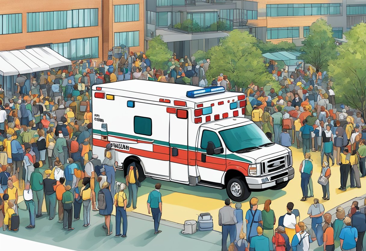 Um evento movimentado com uma ambulância claramente identificada estacionada do lado de fora, enquanto a equipe oferece suporte atencioso aos participantes.