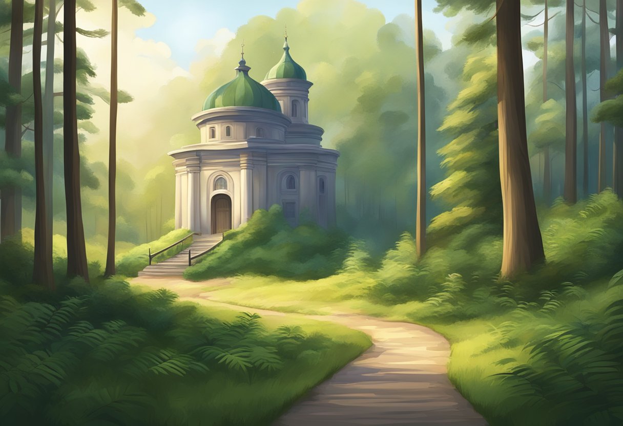 Uma clareira serena na floresta com um edifício solitário cercado por árvores altas e um caminho sinuoso levando à entrada