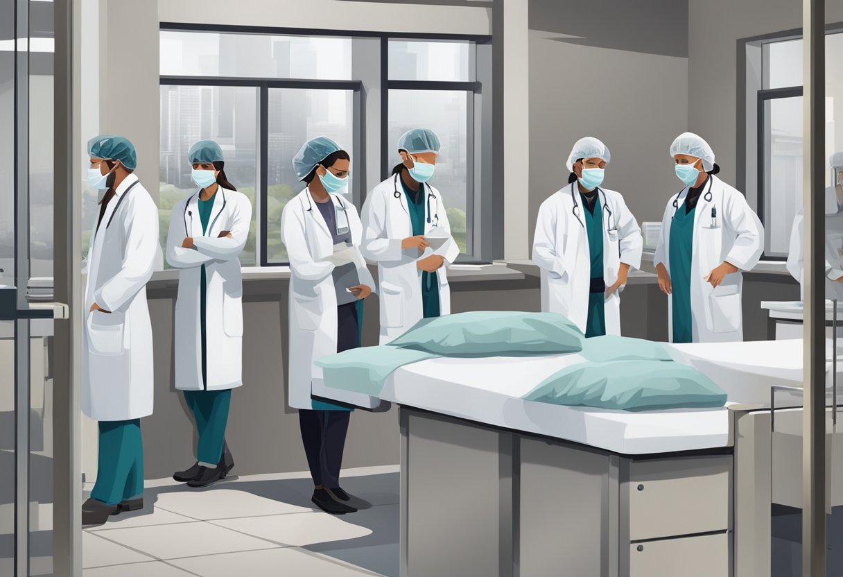 Um grupo de pessoas com jalecos brancos e máscaras supervisionando a internação involuntária de dependentes químicos em uma unidade de saúde pública.