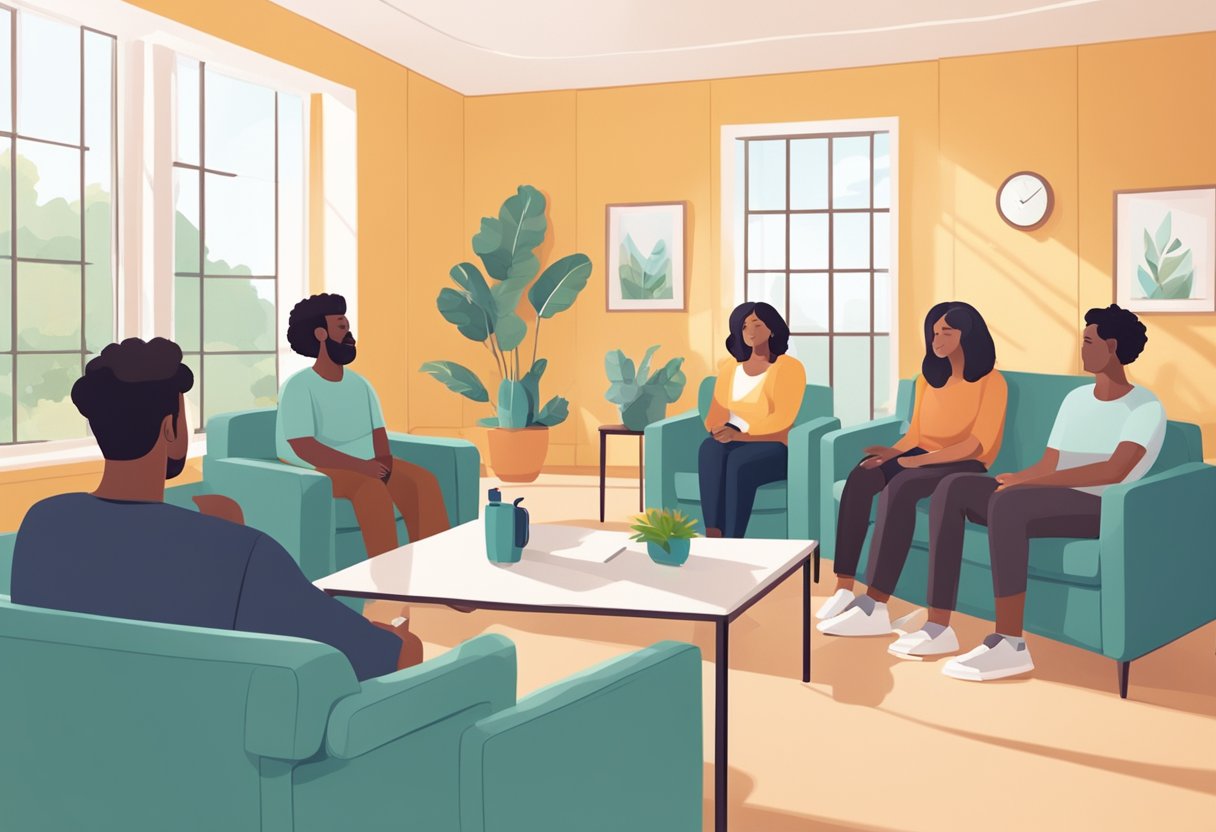 Uma sessão de terapia em grupo em uma sala clara e espaçosa, com cadeiras confortáveis e uma atmosfera relaxante, onde os indivíduos estão envolvidos em discussões abertas e atividades destinadas a apoiar sua recuperação do abuso de substâncias.