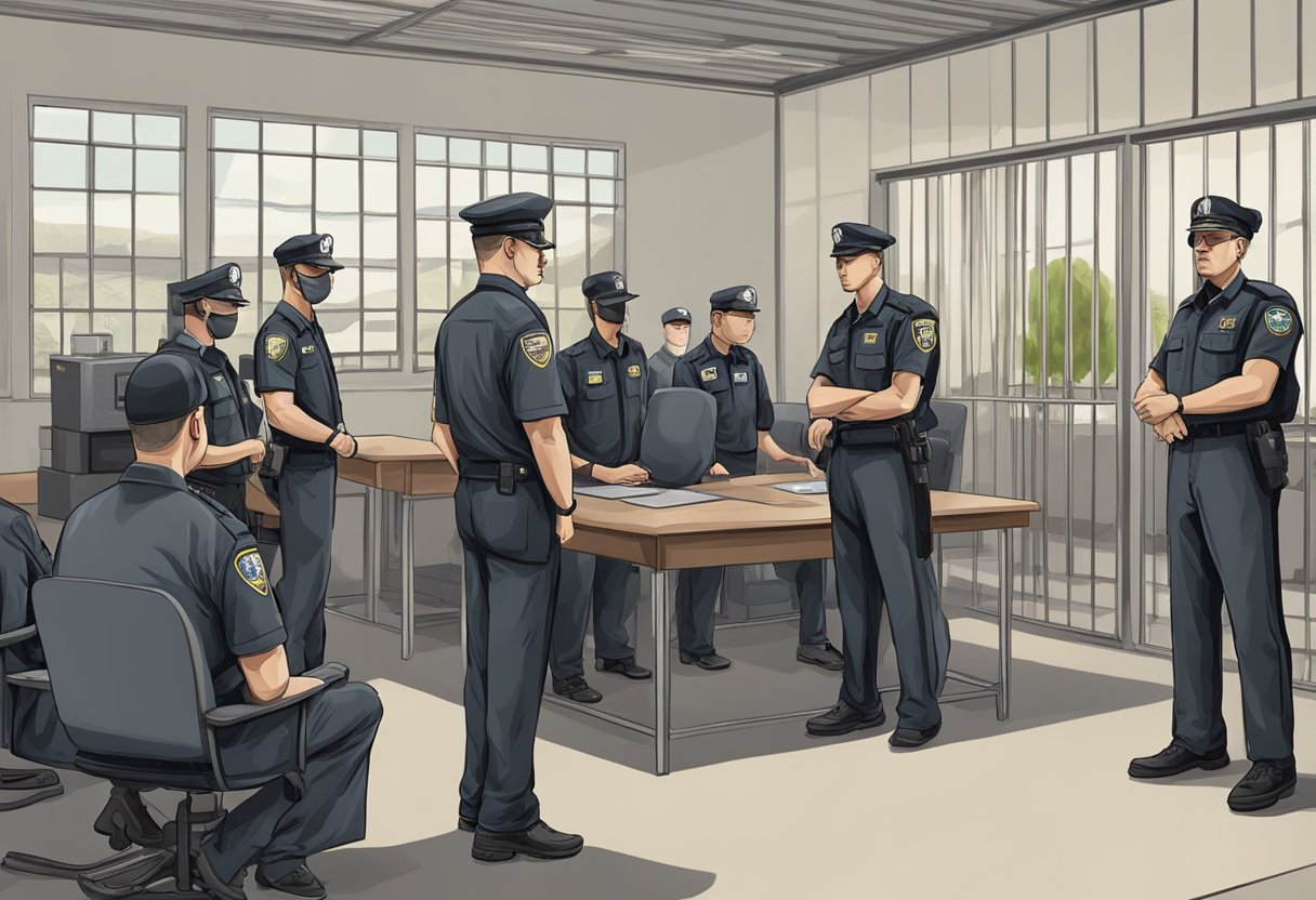 Um grupo de oficiais aplicando regulamentos em uma instalação para internamento compulsório de dependentes químicos