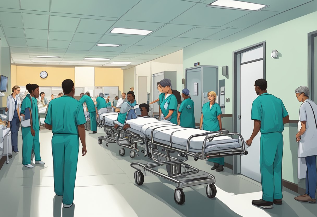 Uma sala de emergência movimentada com a equipe médica atendendo pacientes em macas e cadeiras de rodas, enquanto outros aguardam ansiosamente na área de espera.