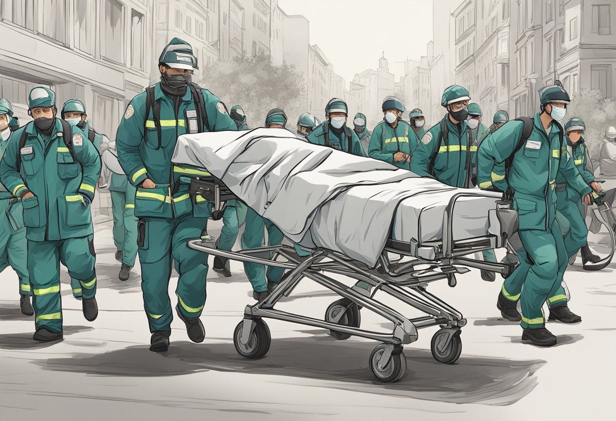 Um paramédico correndo para o local com uma maca e equipamentos médicos, enquanto as pessoas esperam ansiosamente.