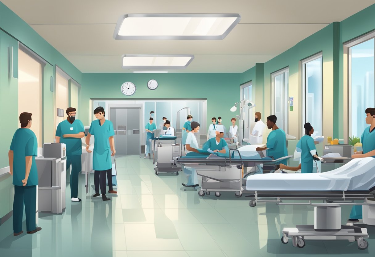 Uma sala de emergência movimentada com equipamentos médicos, uma área de espera e funcionários atendendo pacientes com várias lesões e condições.