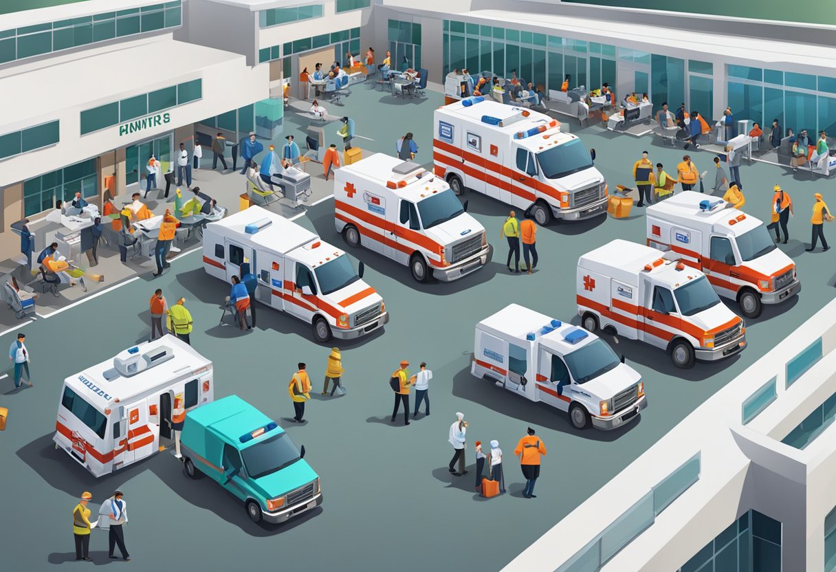 Um movimentado centro de atendimento de emergência com ambulâncias, equipe médica e pacientes em necessidade de cuidados urgentes